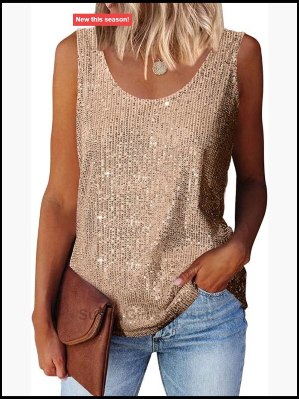 Sequin Sparkle Sleeveless Scoop Neck Tank Top Glam Party Shirt